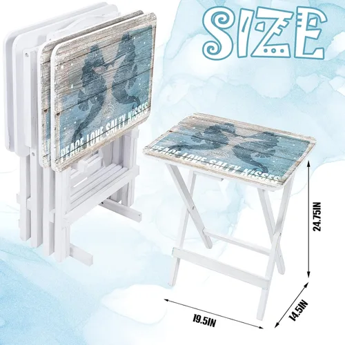 Vista 4 de Sintuff Juego de 4 bandejas de TV de playa costeras con soporte, cabo, artesanos, sirena, plegable, de madera, decorativa, mesa de comedor, casa