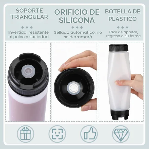 Vista 6 de Sabary 3 unidades de botellas exprimibles de plástico invertidas de 16 oz, dispensador recargable con válvula grande para condimentos, botella Negro