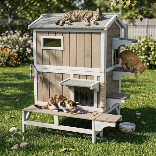Vista 7 de Casa para gatos al aire libre, refugio de madera resistente a la intemperie para gatos interiores con cortinas de PVC transparentes, techo