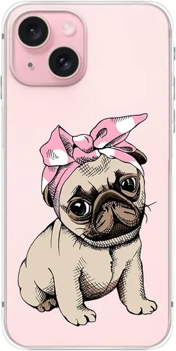 Vista 3 de Blingy's Funda para iPhone 15, lindo patrón de carlino divertido estilo perro divertido diseño de animales de dibujos animados diseño transparente