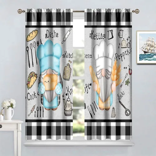 Vista 4 de Cortinas de chef para ventana, juego de 2 paneles para dormitorio y sala de estar, 42 x 45 pulgadas, a cuadros, cortinas temáticas de cocina
