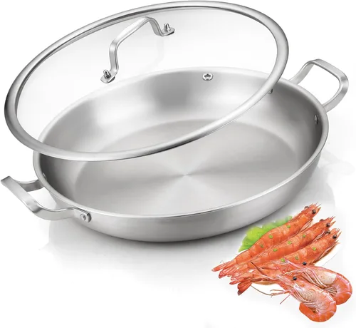 Vista 15 de Yeksum - Sartén de acero inoxidable de tres capas para paella, sartén grande con tapa (acero inoxidable híbrido, 12 pulgadas)