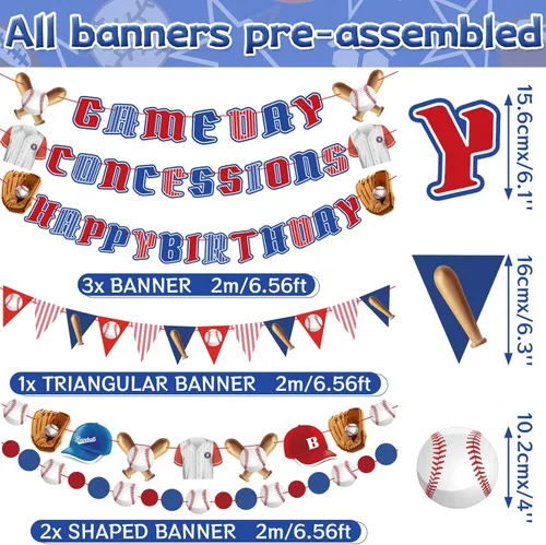 Vista 2 de Decoraciones de fiesta de béisbol preencordadas con concesiones y pancartas para el día del juego, suministros de fiesta de béisbol de feliz