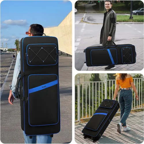 Vista 6 de BOSSTIN Funda para teclado de 61 teclas con ruedas, bolsa de piano rodante 61 Llave azul