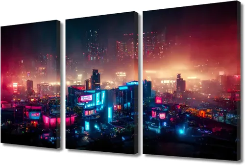 Vista 110 de Arte de pared de 3 piezas de escena de ciencia ficción de la calle comercial futurista paisaje urbano, decoración de pared para dormitorio