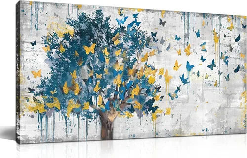 Vista 9 de Kepgonegu Arte de pared de árbol de la vida grande para sala de estar, paisaje, impresiones en lienzo coloridas de mariposas para dormitorio