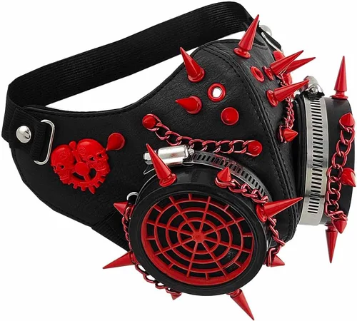 Vista 2 de Máscara de gas con cadena gótica steampunk de calavera roja con remaches, para Halloween, cosplay, unisex