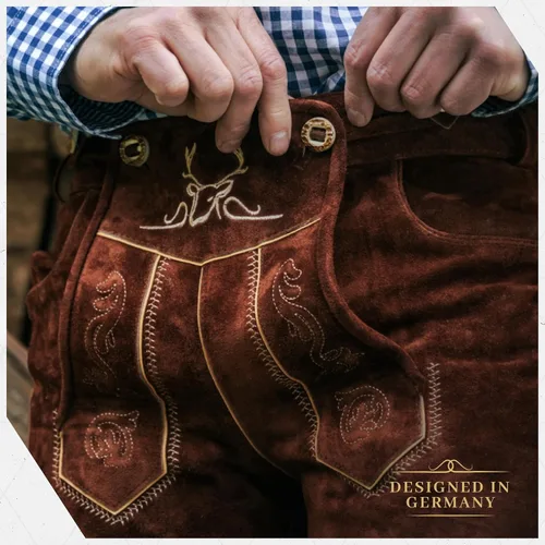 Vista 7 de BAVARIA TRACHTEN Lederhosen - Traje de cuero genuino para hombre, traje de Oktoberfest alemán auténtico para hombre, color marrón claro, largo