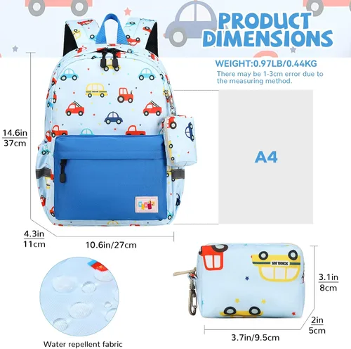 Vista 3 de mygreen Mochila para niños pequeños, mochila para niños y niñas con correa para el pecho Coches Coloridos Azul Claro