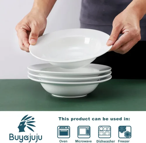 Vista 3 de Buyajuju Juego de 4 platos de sopa redondos de porcelana, cuencos para pasta, cuencos clásicos de sopa profunda, cuencos con borde de cerámica, 9.1