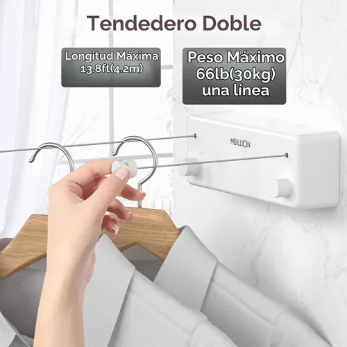 Vista 2 de Mbillion Tendedero retráctil de acero inoxidable de 13.8 pies, línea de ropa doble retráctil para interiores, resistente, línea de lavandería