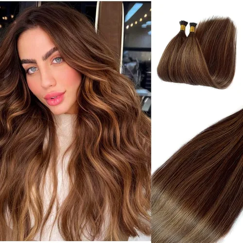 Vista 17 de Extensiones de cabello Microlink con reflejos, cabello humano lacio de 14 pulgadas, rubio caramelo resaltado, 50G/50S