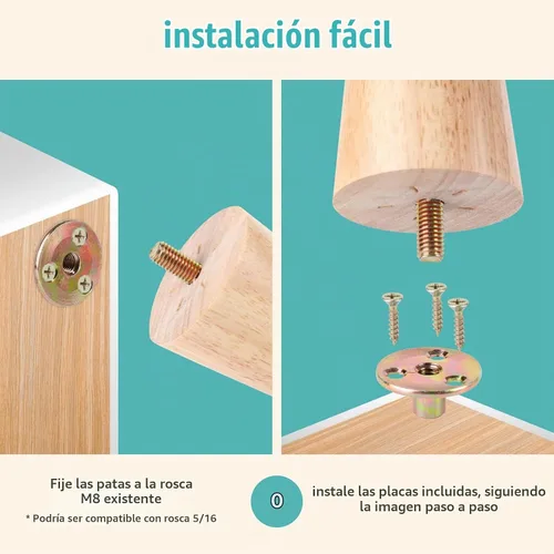 Vista 5 de Juego de 4 patas redondas de madera maciza de 2 pulgadas para muebles, sofá cama, silla de café, escritorio, patas rectas con pernos preperforados