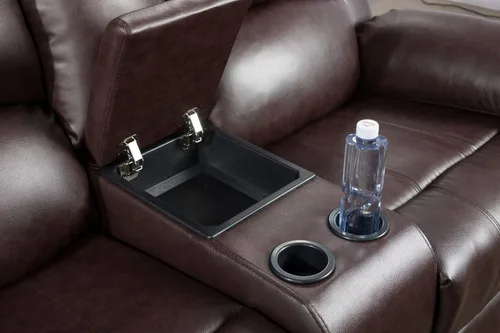 Vista 7 de Juego de sofá reclinable de 3 piezas, tapicería de cuero regenerado, reclinable manual con mesa desplegable y consola central (marrón, 3 piezas)