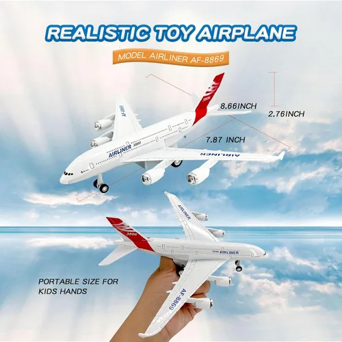Vista 4 de OTONOPI Avión de juguete de avión de juguete de metal fundido a presión para tirar hacia atrás, aerolíneas de juguete con luces y sonidos para niños