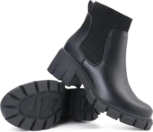 Vista 6 de JABASIC Botines gruesos para mujer botas Chelsea sin cordones botines elásticos