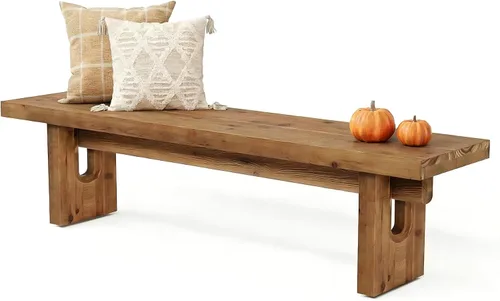Vista 9 de Banco de madera maciza de 63 pulgadas, banco de comedor extra largo para mesa de cocina, banco de entrada de madera rústica, asiento