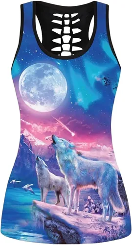 Vista 2 de Conjunto de dos piezas con estampado 3D y camiseta sin mangas con estampado en 3D para mujer, color nube, luna y lobo blanco