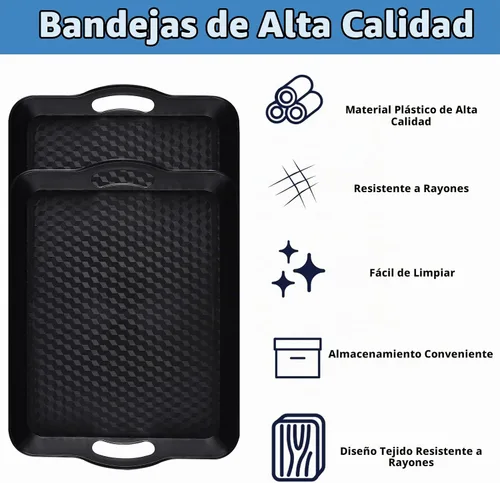 Vista 4 de Bandeja de plástico con asas, paquete de 2 bandejas rectangulares multiusos antideslizantes para servir restaurante para fiestas, mesa de café