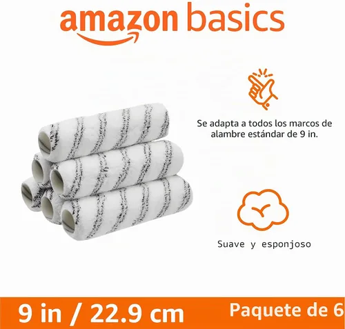 Vista 2 de Cubiertas de rodillo de pintura de microfibra Amazon Basics, para acabado suave, 9 x 3/8 pulgadas, paquete de 6