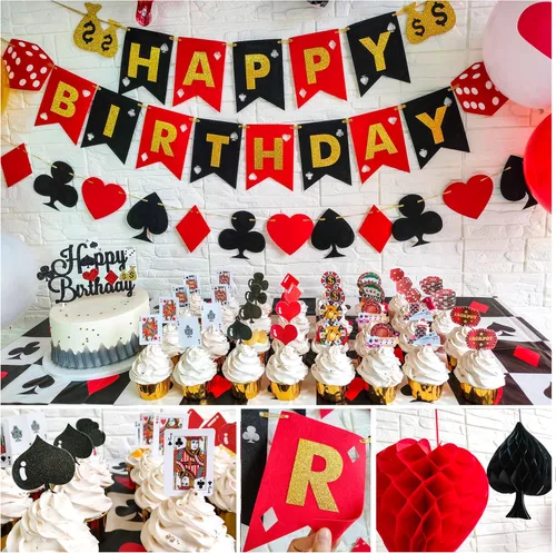Vista 9 de 58 decoraciones de fiesta de póquer de casino, guirnalda de pancarta de cumpleaños con temática de póquer, globos de aluminio, pompones de nido