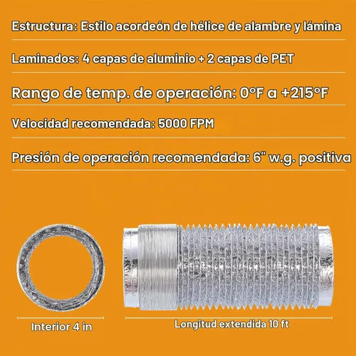 Vista 3 de Manguera de Conducto de Ventilación de Secadora de Servicio Pesado de 4 pulgadas, 10 pies, Kit de Conducto de Transición Flexible de Lámina