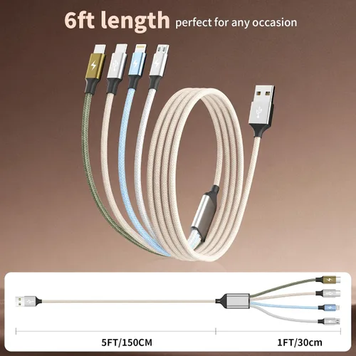 Vista 6 de 4 in 1 Multi Charging Cable, 2 Pack 6FT Charging Cords for Devices Nylon Braided USB C Car Charger Cable with Dual USB-C, IP & Micro Ports, Long