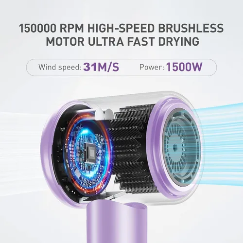 Vista 2 de Secador de pelo, secado rápido de alta velocidad, secador portátil de iones negativos con motor sin escobillas de 110000 RPM, ligero y bajo ruido
