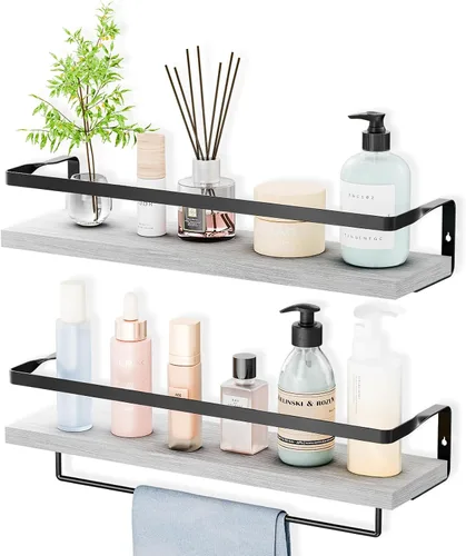 Vista 10 de Estantes de baño con toallero, estantes flotantes para baño, cocina, dormitorio, madera de paulownia, marco de metal negro mate, juego de 2