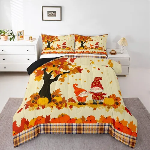 Vista 26 de Erosebridal Juego de edredón individual de pavo de Acción de Gracias, juego de ropa de cama de calabaza con hojas de otoño para niños y adultos