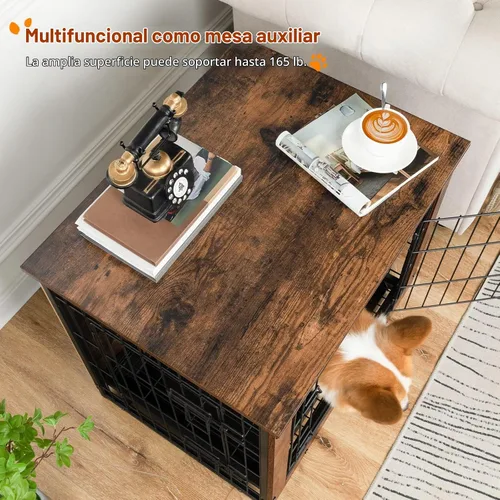 Vista 5 de Mueble de jaula para perros, perrera pequeña de 25.5 pulgadas para interiores, jaula de madera con bandeja extraíble, mesa auxiliar lateral que