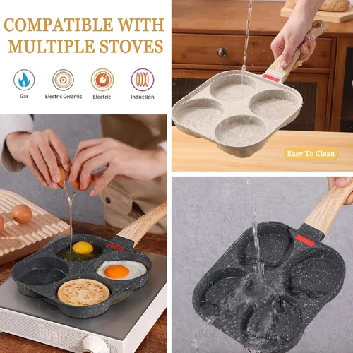 Vista 3 de JUSTUP Sartén antiadherente para huevos, sartén dividida para huevos, mango resistente al calor, sartén de 3 secciones, sartén para tortilla