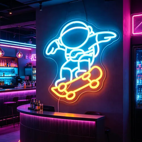 Vista 2 de Astronaut Skateboarding" Space Adventure Light - Arte de pared LED genial y que desafía la gravedad para sala de juegos, dormitorio, decoración