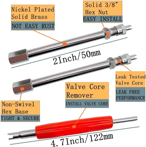 Vista 2 de Extensores de vástago de válvula doble de 2 pulgadas, juego de 2 piezas, resistente, 1.969 in, recto, de metal, extensiones de vástago de válvula