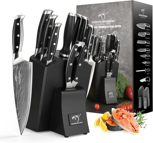 Vista 9 de Juego de cuchillos de cocina Damasco con bloque – Acero VG10 de 67 capas ultra afilado, mangos con triple remache, cuchillos de chef, Santoku Negro