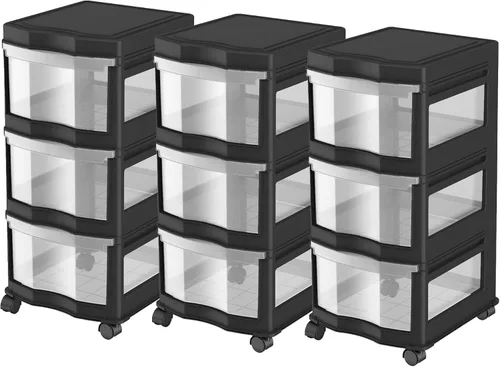 Vista 10 de Life Story Cajones clásicos de almacenamiento de plástico de 3 niveles y organizador con ruedas para uso en el hogar, dormitorio u oficina, Negro
