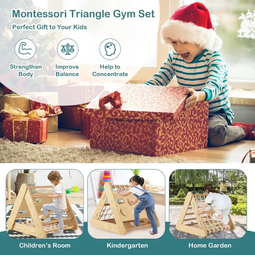 Vista 2 de Costzon Juguete de escalada 4 en 1 para niños pequeños, trepador de triángulo de madera Montessori de 3 lados con rampa deslizante, red de escalada
