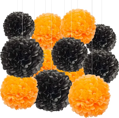 Vista 7 de BRZIKWT 12 pompones de papel de seda de punto ondulado degradado negro y dorado para fiesta, techo, colgar en la pared, decoración de flores