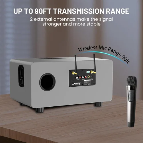 Vista 4 de Máquina de Karaoke RHM K222, Conexión a TV vía Óptica o Bluetooth, con Sonido Potente, Bajos Profundos, 2 Micrófonos Inalámbricos UHF y 5 Modos