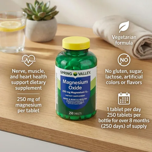 Vista 2 de Suplemento de magnesio – Óxido de magnesio 250 mg, fórmula vegetariana dietética diaria, suplementos esenciales de magnesio para apoyo óseo