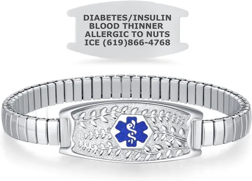 Vista 14 de Pulsera de Alerta Médica Elástica Oliva Divoti – Etiqueta de ID de Acero Inoxidable Grabada Personalizada – Hipoalergénica, Sin Cierre
