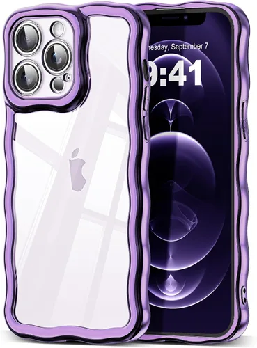 Vista 58 de SKYLMW Funda compatible con iPhone 12 Pro, diseño de ondas rizadas kawaii, borde chapado de lujo, elegante parte trasera transparente brillante, TPU