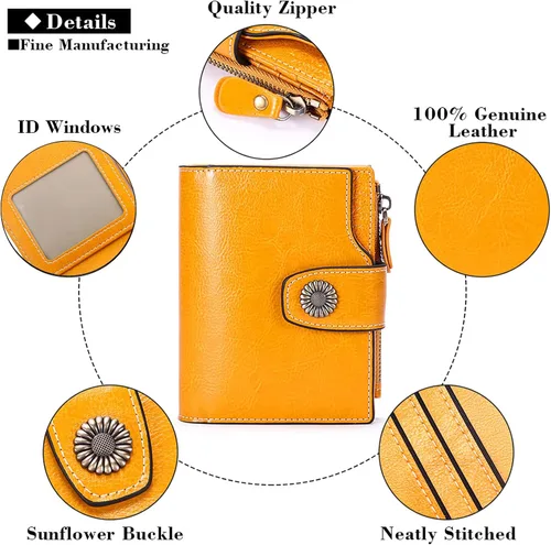 Vista 5 de FALAN MULE - Cartera pequeña plegable para mujer de cuero genuino, compacta, con bloqueo RFID, Aa_Yellow), 5206
