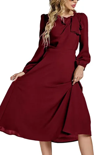 Vista 4 de LYANER Elegante vestido midi acampanado con cuello redondo y manga larga abombada para mujer