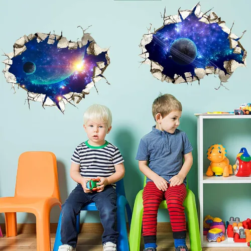 Vista 4 de SUPERDANT 3 calcomanías 3D para decoración de pared, espacio roto, galaxia, planeta, murales de pared, papel tapiz de vinilo para decoración