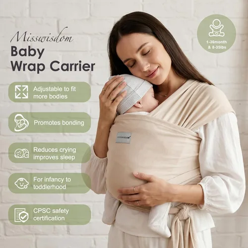 Vista 3 de MISSWISDOM Fulares portabebés, Canguro portabebés para recién nacidos de 3 a 16 kg, Envoltura para llevar bebés, Canguro portabebés para recién Beige