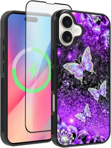 Vista 11 de OOK Diseños para iPhone 14 Pro Max Funda con Purpurina Mariposa Púrpura Diseño de Nebulosa Espacial PC Duro + TPU Suave Parachoques Antideslizante