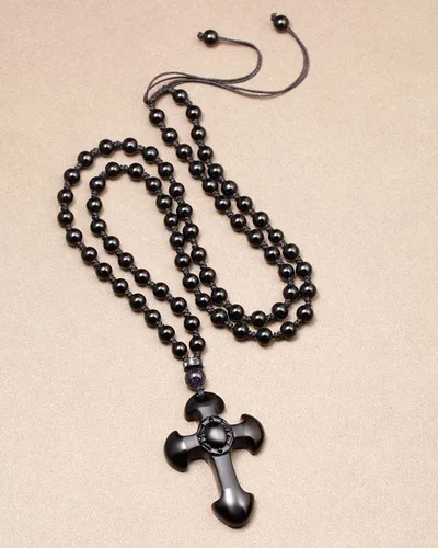 Vista 3 de Jewever Collar con colgante de cruz de obsidiana negra para hombres y mujeres, collar curativo de cristal real, cadena de cruz, cruz de cristal