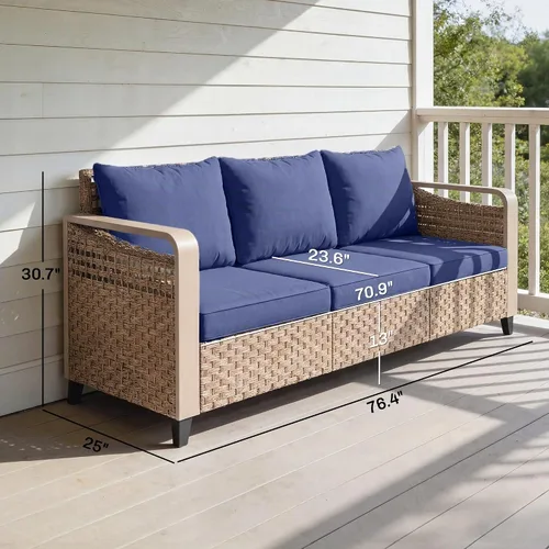 Vista 3 de Outsunny Sofá de patio al aire libre Asiento profundo ancho 3 plazas mimbre Azul