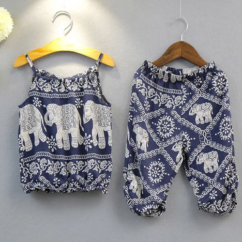 Vista 2 de Conjunto de 2 piezas para niñas y bebés, mameluco con tirantes de elefante y pantalones de harén